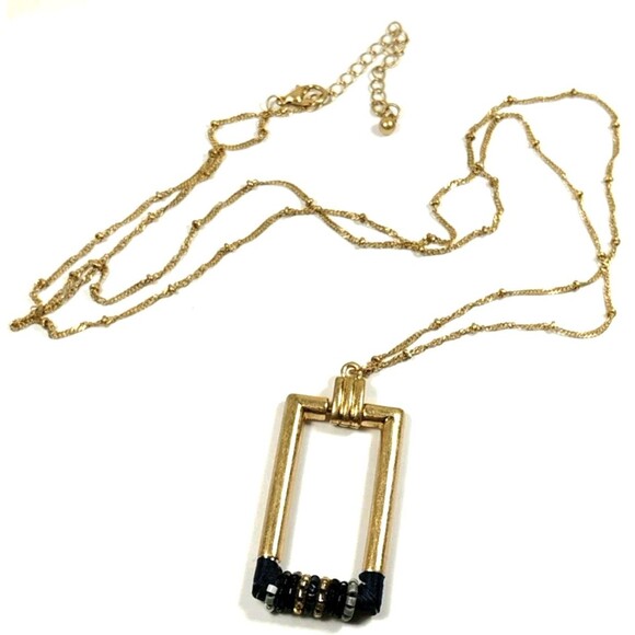 Geometric Rectangle Pendant Necklace, Gold Tone, Black Bead Accents, Long Chain - Picture 1 of 5